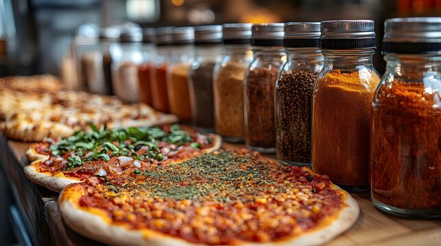 Closeup of a variety of spices herbs and seasonings displayed on a wooden spice rack in a rustic kitchen setting  The selection includes common cooking spices like chili pepper garlic onion cumin