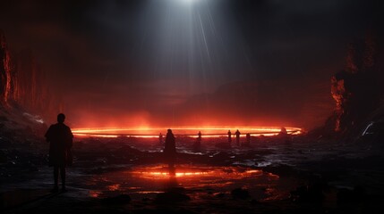 Fototapeta premium Silhouettes by a glowing, mysterious red ring under ominous skies.