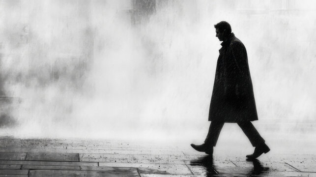 man in trench coat walks away in rain, silhouetted against misty background, creating mysterious and moody atmosphere
