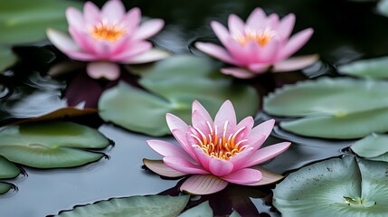 Pink water lilies floating on dark pond surface with green lily pads. Serene botanical composition captures zen garden atmosphere in natural lighting.