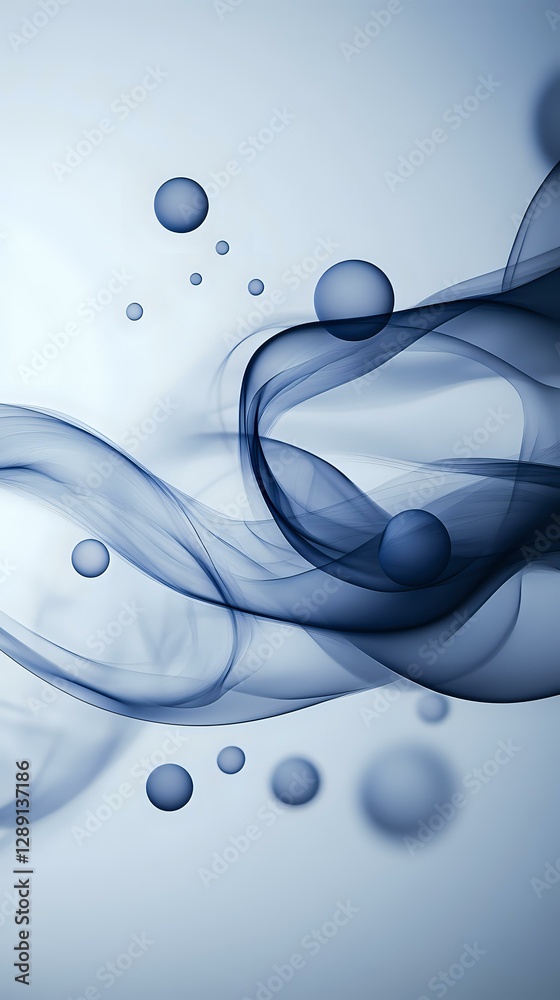 Poster ethereal blue smoke waves with floating spheres on light background create dynamic flow pattern for 