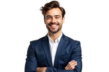 Smiling businessman portrait, professional headshot isolated on transparent background. Confident young man in suit for corporate profile, business website, or marketing.