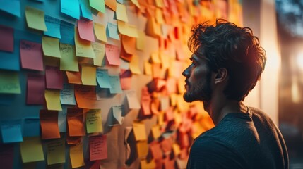 Obraz premium Person standing in front of a wall covered in colorful sticky notes, deep in thought while organizing and planning ideas.