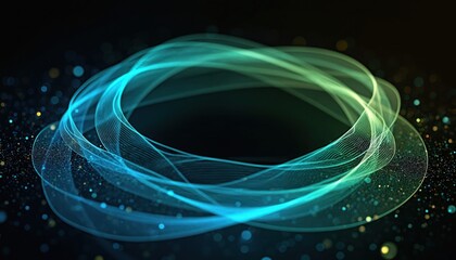 Abstract glowing wavy lines circle frame on black background. Wavy flowing gradient of green and blue. Dynamic blend of light spirals, modern bright colours effect. Tech concept innovation.