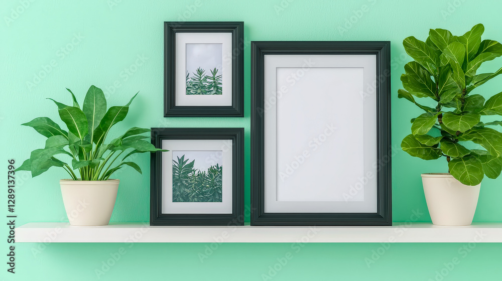 Aufkleber decorative shelf with plants and empty frames against a green wall