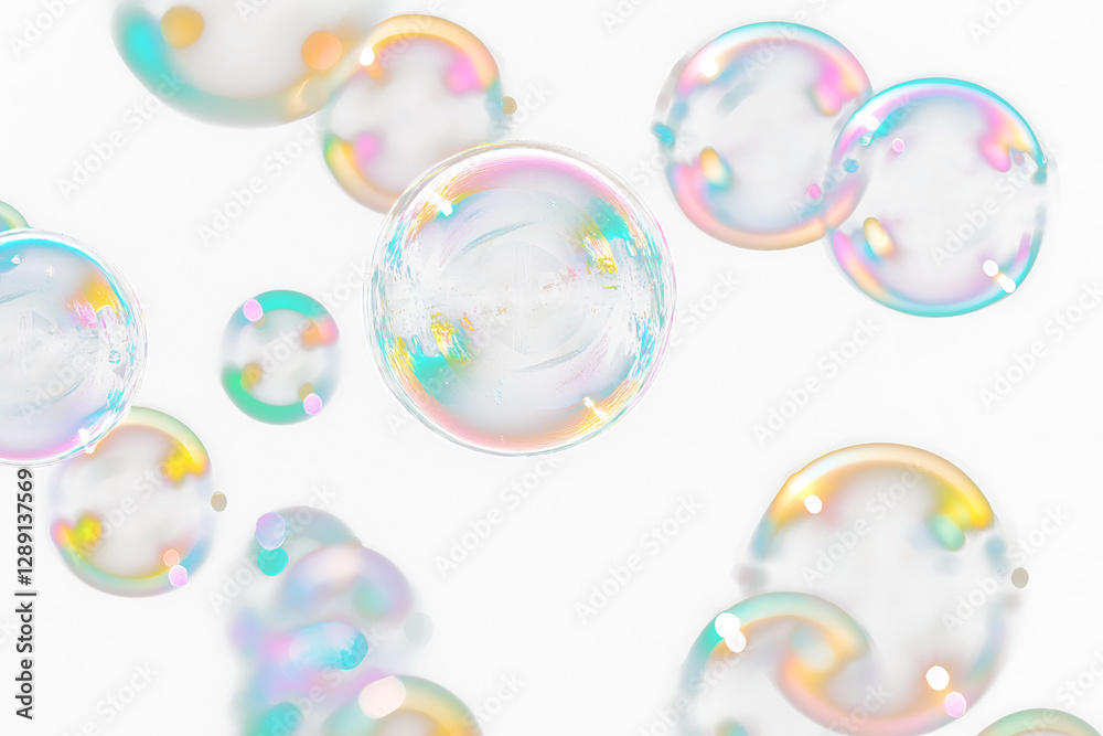 Aufkleber Iridescent soap bubbles floating on Transparent  background.