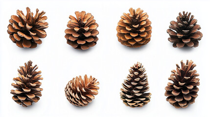 set of pine cones isolated on white background