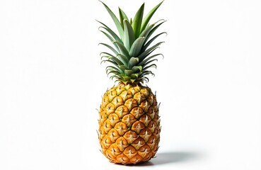 Pineapple on white background with clear surface. Fresh yellow fruit rough, spiky skin, green leafy crown. Tropical, juicy, healthy, organic food with exotic, ripe, delicious, sweet taste. Plant full