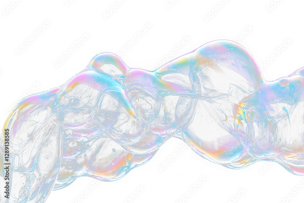 Poster iridescent soap bubbles forming abstract shapes against transparent background.