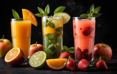 A selection of freshly squeezed juices on a dark background