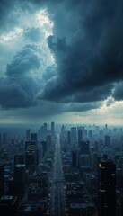 Obraz premium Dark storm clouds gathering over the horizon of a modern city with deep shadows and gloomy atmosphere