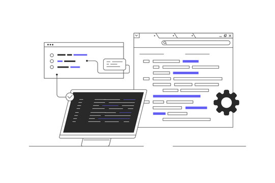 Software Development. Web developer creating program code on monitor. Flat Cartoon Vector Illustration, icon. Stylish abstract Flat design for website