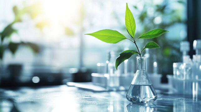 small plant with vibrant green leaves grows in glass flask filled with water, symbolizing sustainable biotechnology research in modern laboratory setting