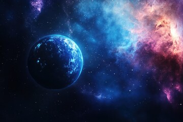 Obraz premium Vibrant cosmic landscape showcasing a planet surrounded by colorful nebula and stars