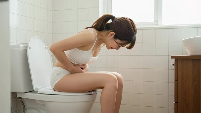 トイレで腹痛の痛みを堪える下着姿の女性