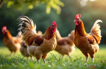 Fototapeta premium Rooster and chickens grazing on farmyard grass. Poultry birds roam freely in rural setting. Domestic animals in natural environment. Chickens, hens, cockerel in farm. Sunny day on farm.