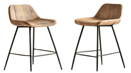 Pair of wooden barstools with metal legs in a modern interior setting isolated on transparent background..