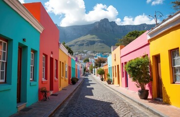 Street view of colourful Bo-Kaap houses, Cape Town, South Africa with Table Mountain background. Cobblestone road goes into distance between colorful vivid buildings under clear blue sky. Travel