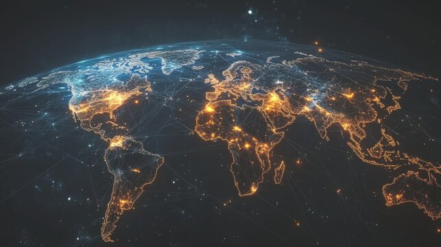 A black and gold colored world map with a lot of lights on it