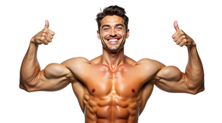 Muscular man giving thumbs up, smiling, isolated on transparent background. Athletic build, tanned skin, perfect biceps. Ideal for fitness, health, success, approval concepts.