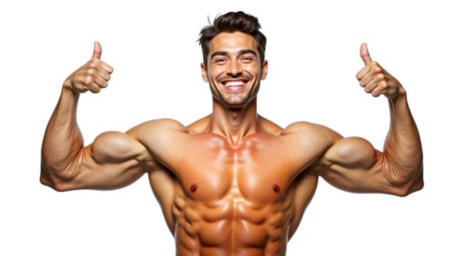 Muscular man giving thumbs up, smiling, isolated on transparent background. Athletic build, tanned skin, perfect biceps. Ideal for fitness, health, success, approval concepts.