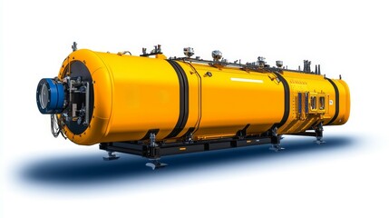 A bright yellow submarine vessel designed for deep-sea exploration, showcasing advanced technology and equipment
