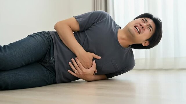 男性が腹痛の痛みで自宅の床に倒れこむ