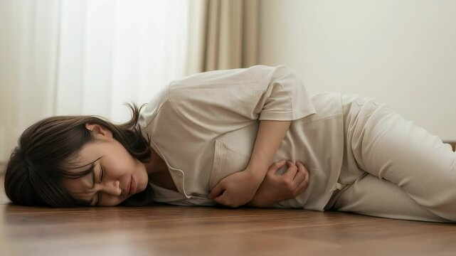 腹痛の痛みで自宅の床に倒れこむ女性