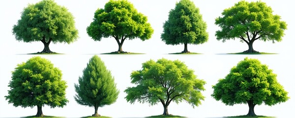 Fototapeta premium Aerial view of lush green trees of diverse shapes, sizes, isolated on transparent png background. Flora showcase isolated cutout of native deciduous tree garden with scenic topview.