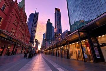 Fototapeta premium Low Angle Wide Shot of a Modern Business District Skyline with Glass Skyscrapers Reflecting the Soft Golden Sunrise in a Vibrant Cityscape