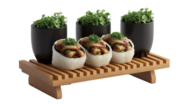 Three sushi rolls on a wooden tray ready for serving in a restaurant or home dining setting isolated on transparent background..