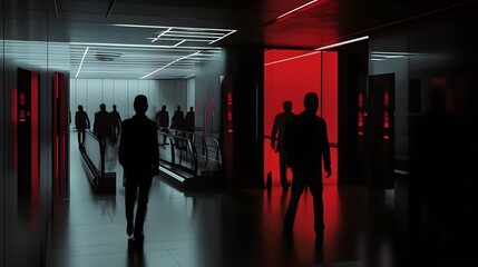 Dramatic eerie hallway scene with mysterious silhouetted figures walking in the moody shadowy lighting  Cinematic suspenseful atmosphere with a sense of unease and the unknown