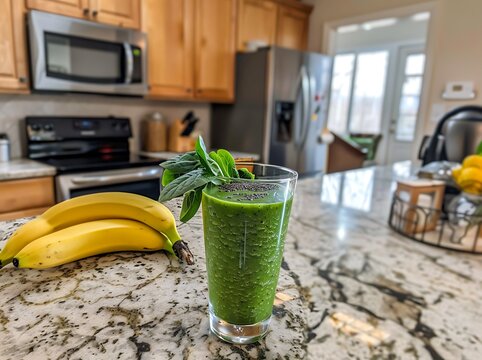   Healthy Green Detox Smoothie with Spinach, Banana, and Chia Seeds on Kitchen Counter  

