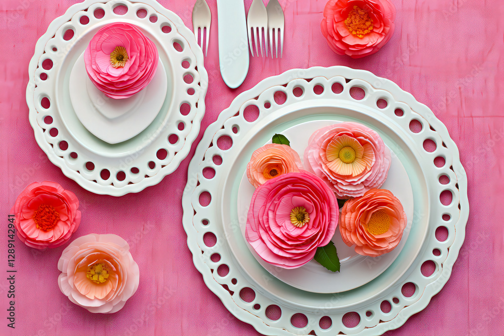 Poster elegant floral table setting with vibrant ranunculus on pink background during spring brunch
