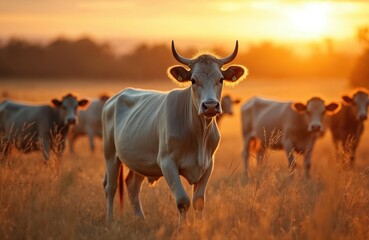 Cows graze on dry farmland during sunset. Livestock herd walk through drought field in golden light. Rural agriculture landscape with cows and pasture. Beef production sustainable farming.