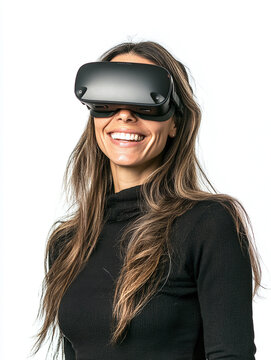 Portrait of a smiling brunette woman wearing a vr headset isolated on a white background.