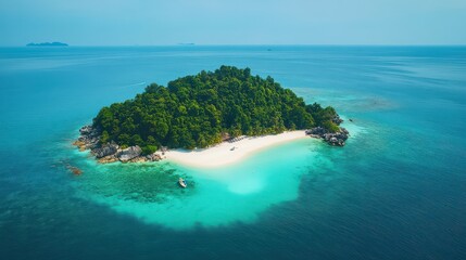 Obraz premium Aerial view of an idyllic island in southern Thailand with turquoise water, white sand, and surrounding lush tropical forests.