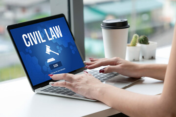 Civil law brisk information showing on computer screen for Common Justice Legal Regulation Rights...