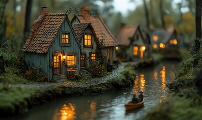 Obraz premium Enchanted miniature village nestled along a calm canal, illuminated by warm lights at dusk. Small houses with rustic charm, a rowboat on the water
