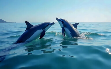 Obraz premium Two Dolphins Playing in the Ocean