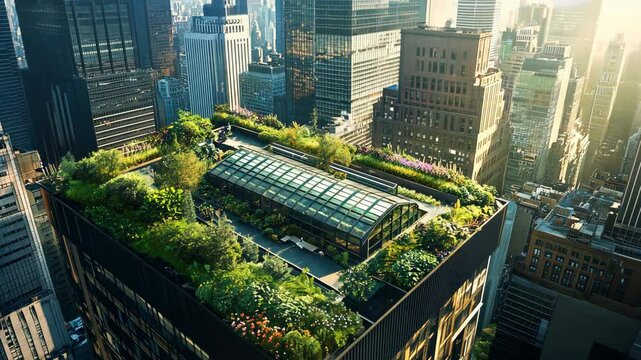 An urban rooftop garden with a greenhouse surrounded by plants and flowers, set against a city skyline at sunset