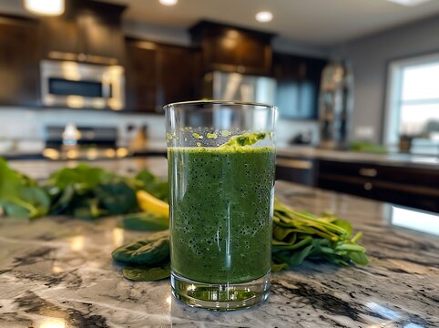   Healthy Green Detox Smoothie with Spinach, Banana, and Chia Seeds on Kitchen Counter  
