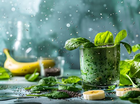   Healthy Green Detox Smoothie with Spinach, Banana, and Chia Seeds on Kitchen Counter  

