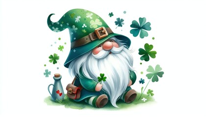 Minimalist watercolor illustration of St. Patrick Day Gnome, Colorful gnome with clovers for St. Patrick's Day