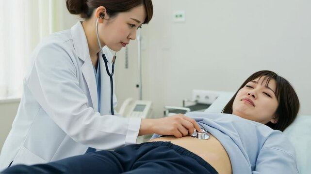 胃痛に苦しむ女性患者を聴診する女性医者