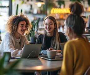 Fototapeta premium Friendship & Laughter: Three diverse young women are engrossed in a lively conversation at a cozy cafe, enjoying coffee and connecting