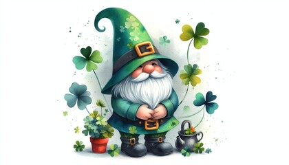 Minimalist watercolor illustration of St. Patrick Day Gnome, Colorful gnome with clovers for St. Patrick's Day