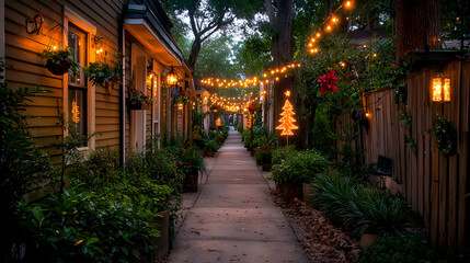 Fototapeta premium Snowfall on a Charming Christmas Alley at Night
