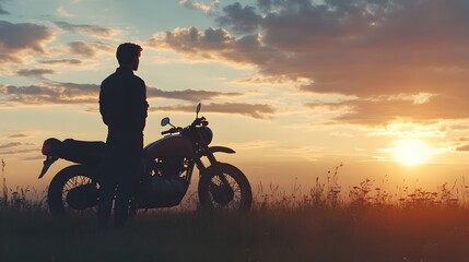 Fototapeta premium Lone motorcycle rider silhouetted against the backdrop of a dramatic colorful sunset landscape The motorcycle is the central focus