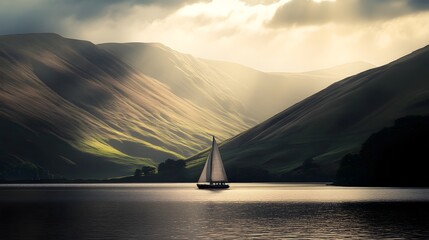 Breathtaking view of a serene mountain lake with a lone sailboat gliding across the calm waters surrounded by rugged peaks and dramatic clouds at sunset